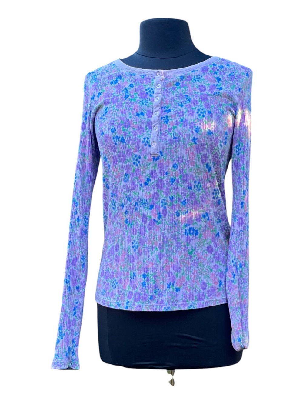 Sundry Lavender Floral Ribbed Henley Long Sleeve Top size 3